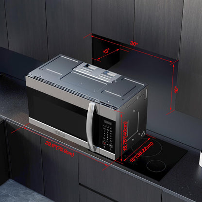 Empava 1.7 Cu.Ft. Over-The-Range Microwave, 1000W, Silver, EMPV-30OTR01 | Sensor Cooking, Auto Menus, 2-Speed 300 CFM Venting Fan, 10 Power Levels, Turntable Function, Bright Cooktop LED Lighting7