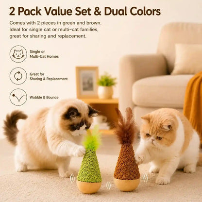 2-Pack Interactive Self-Righting Wobble Cat Toy with Feather, Fluffy Plush Wooden Tumbler for Bored Adult Indoor Cats Silent Self Play Cat Enrichment Toy, Green & Brown5