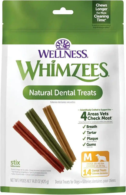 Whimzees Wellness Stix Natural Dog Dental Treat, Chews, Freshens Breath, Medium Size Sticks, 14.81 Oz Bag, 14 Count1