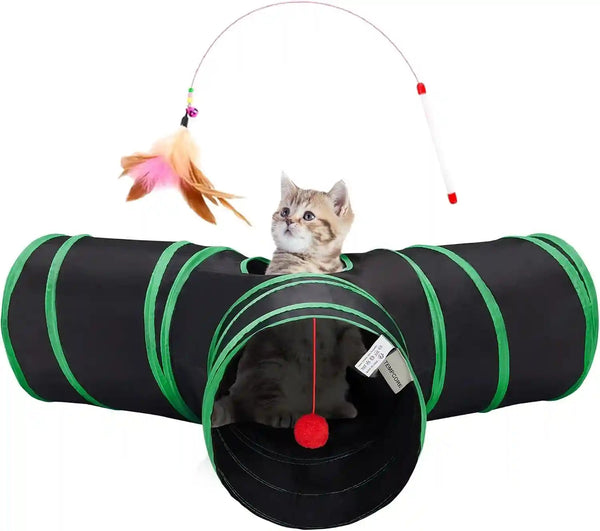 Tempcore Pet Cat Tunnel Tube Toys 3 Way Collapsible, Tunnels for Indoor Cats, Interactive Tube with Teaser Wand, Peek Holes & Hanging Ball, Black & Blue20