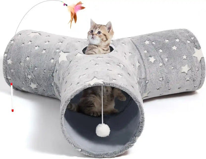 Tempcore Pet Cat Tunnel Tube Toys 3 Way Collapsible, Tunnels for Indoor Cats, Interactive Tube with Teaser Wand, Peek Holes & Hanging Ball, Black & Blue27