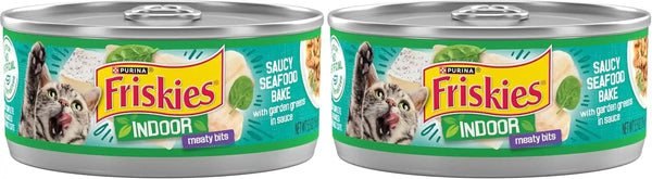 Purina Friskies Indoor Cat Food Meaty Bits Saucy Seafood Bake with Garden Greens in Sauce - (Pack of 24) 5.5 Oz. Cans12