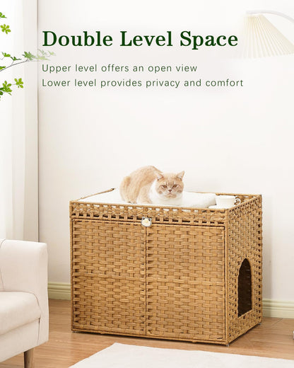 SETVSON Cat Litter Box Enclosure Furniture, Handwoven Rattan Hidden Litter Box with Mat, Large Space Cat House with 2 S-Shaped Hooks 30.3 X 18.3 X 24.4 Inches, Indoor for Living Room Apartment Natural2