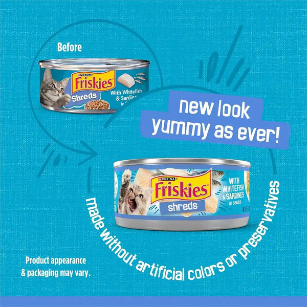 Purina Friskies Wet Cat Food, Shreds with Whitefish & Sardines in Sauce - (Pack of 24) 5.5 Oz. Cans2