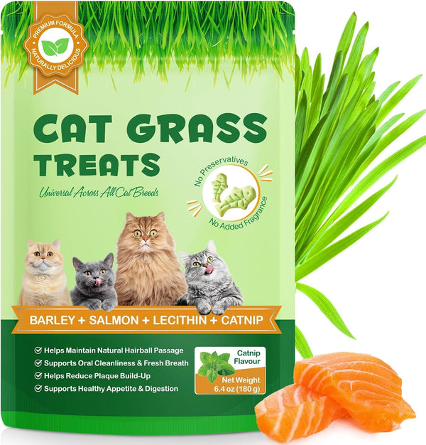 180G/6.4Oz Cat Grass Treats for Hairball Control, Natural Teeth Cleaning & Fresh Breath, Crunchy Catnip Flavored Biscuits with Barley Grass, Cat Training Rewards for All Breeds1