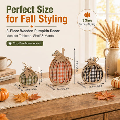 3 Pcs Pumpkin Signs, Buffalo Plaid Fall Table, Mantel Home Decor | 4.7"X9.1" Wooden Black White Checkered Pumpkin, Autumn Thanksgiving Decorations Indoor, Tabletop, Tiered Tray, Shelf, Kitchen4