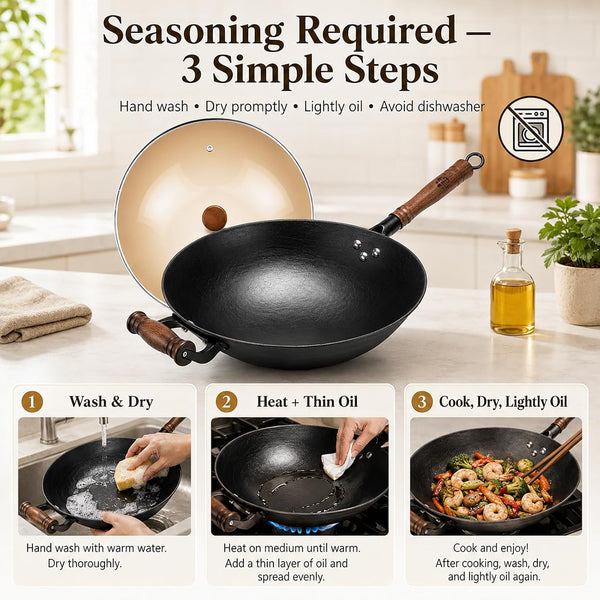12.6 Inch round Bottom Cast Iron Wok with Glass Lid, Chinese Stir Fry Pan for Gas Stove & Open Flame, Uncoated Clay-Mold Texture, Wok Ring Required, Seasoning Needed6