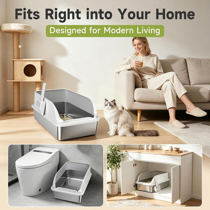 Stainless Steel Cat Litter Box with Lid, XL Metal High Sided Litter Box | Odor Free Open Top Litter Pan Easy Cleaning Anti-Urine Leakage Non-Stick Includes Scoop Light Grey9