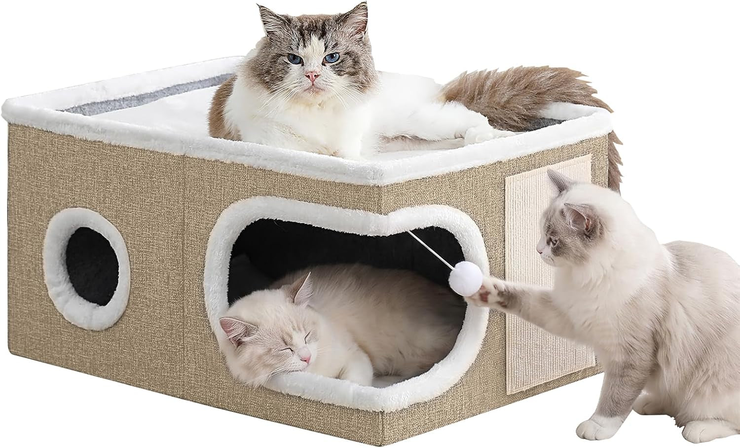 cat-houses-for-indoor-cats-large-covered-cat-cave-beds-furniture-with-scratch-pad-and-fluffy-ball-foldable-cat-hideaway-for-kitten-16x16x13-inches-grey
