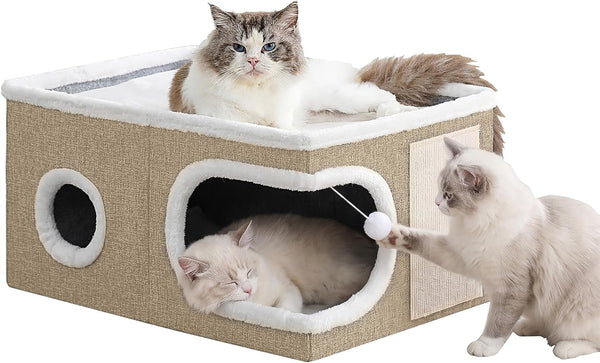 Cat Houses for Indoor Cats, Large Covered Cat Cave Beds & Furniture with Scratch Pad and Fluffy Ball,Foldable Cat Hideaway for Kitten,16X16X13 Inches, Grey8