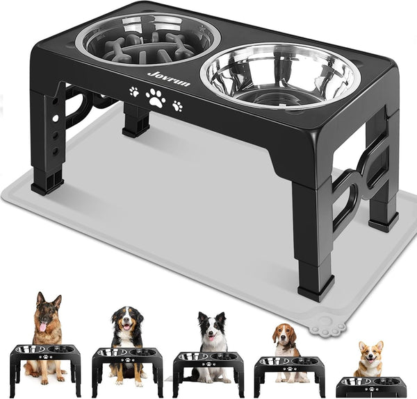 Jovrun Elevated Dog Bowls for Medium Large Size Dogs, Non-Slip Dog Feeder with 1*Stainless Steel Dishes & 1*Slow Feeder Bowl, 5 Heights Adjustable Raised Bowls to 3.15″-8.66″-9.84″-11.02″-12.2″9