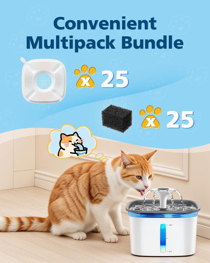50 Pcs Cat Water Fountain Filters for Veken 95Oz 67Oz 135Oz Pet Fountain | Dog Water Fountain Automatic Dog Water Dispenser 25 Pcs Pet Fountain Filter Replacement & 25 Pcs Pre-Filter Sponges2