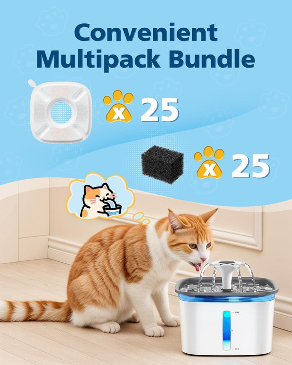 50 Pcs Cat Water Fountain Filters for Veken 95Oz 67Oz 135Oz Pet Fountain | Dog Water Fountain Automatic Dog Water Dispenser 25 Pcs Pet Fountain Filter Replacement & 25 Pcs Pre-Filter Sponges2