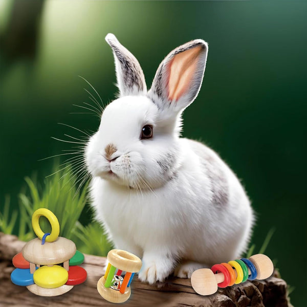 QWR 9PCS Wooden Bunny Toys,Safe Rabbit & Guinea Pigs Teeth Grinding Toy for Chinchillas, Hamsters & Small Animals - Indoor & Outdoor9