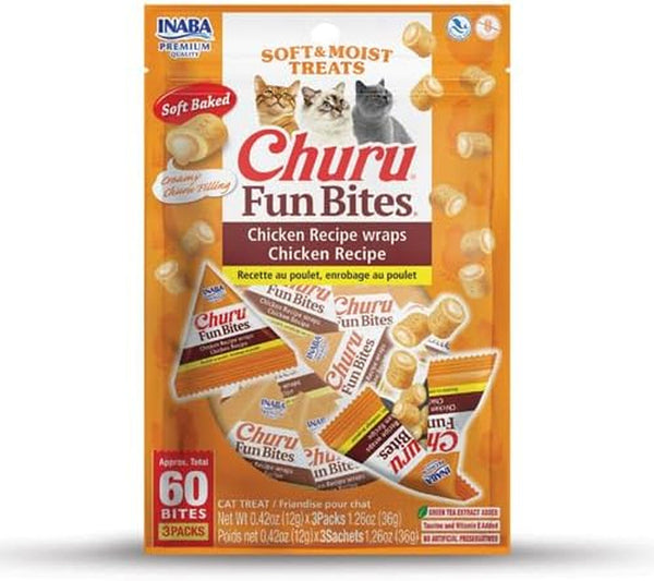 INABA Churu Fun Bites for Cats, Soft & Chewy Baked Chicken Wrapped Filled Cat Treats with Taurine, 0.42 Ounces Each Tetra, 12 Tetras, 4 Flavor Variety Pack12