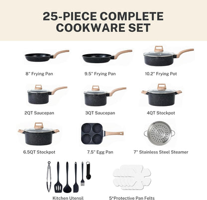 25Pcs Ceramic Cookware Set, Non-Toxic Nonstick Cooking Pots & Pans with Heat Resistant Grips, Complete Induction Compatible Kitchen Kit Including Multi-Size Frying Pans, Black2
