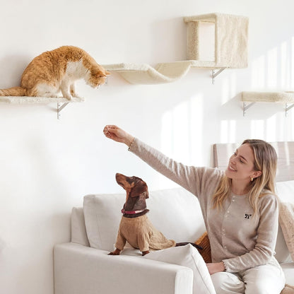 FUKUMARU Cat Wall Shelves, 4 in 1 Set, Beige | Stable & Safe Cat Walls Furniture, Wooden Kitten Climbing Wall with Scratching Post for 16 Inch Drywall4