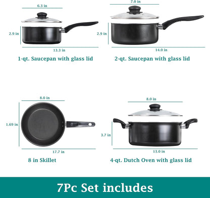 7-Piece Black Non-Stick Aluminum Cookware Set, Even Heat Distribution Pots & Pans Kit with Sauté Pan, Saucepans & Glass Lids for Beginner Home Kitchen Cooking2