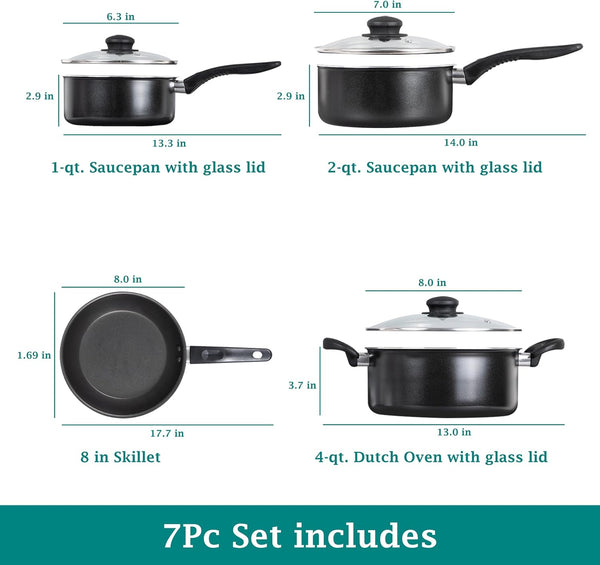 7-Piece Black Non-Stick Aluminum Cookware Set, Even Heat Distribution Pots & Pans Kit with Sauté Pan, Saucepans & Glass Lids for Beginner Home Kitchen Cooking2