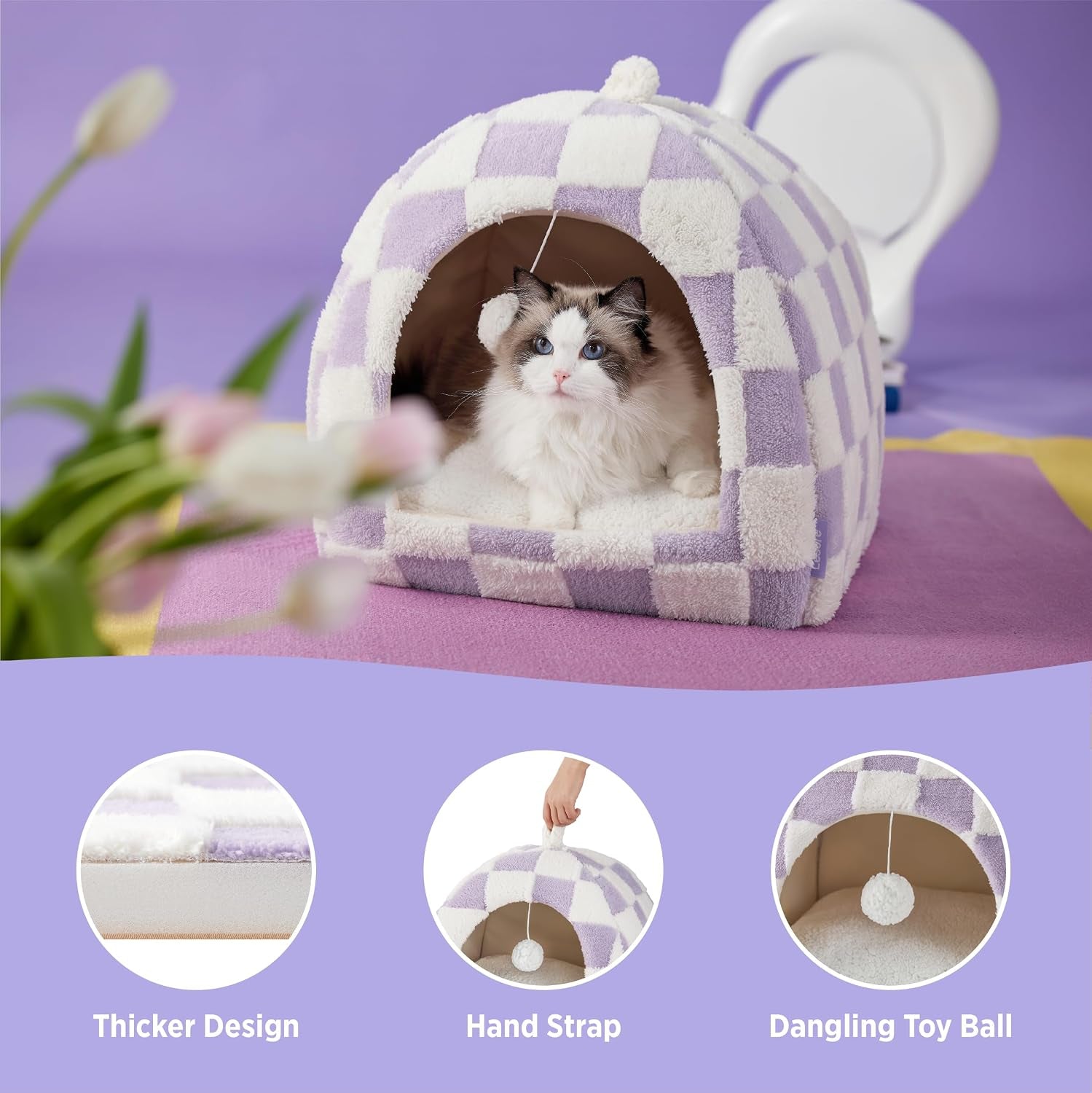 lesure-2in1-cute-cat-house-for-kitten-with-washable-cushioned-pillow-16in-cat-beds-for-indoor-cats-small-pet-cave-tent-cozy-enclosed-foldable-hideaway-fluffy-ball-anti-slip-bottom-hand-strap-purple