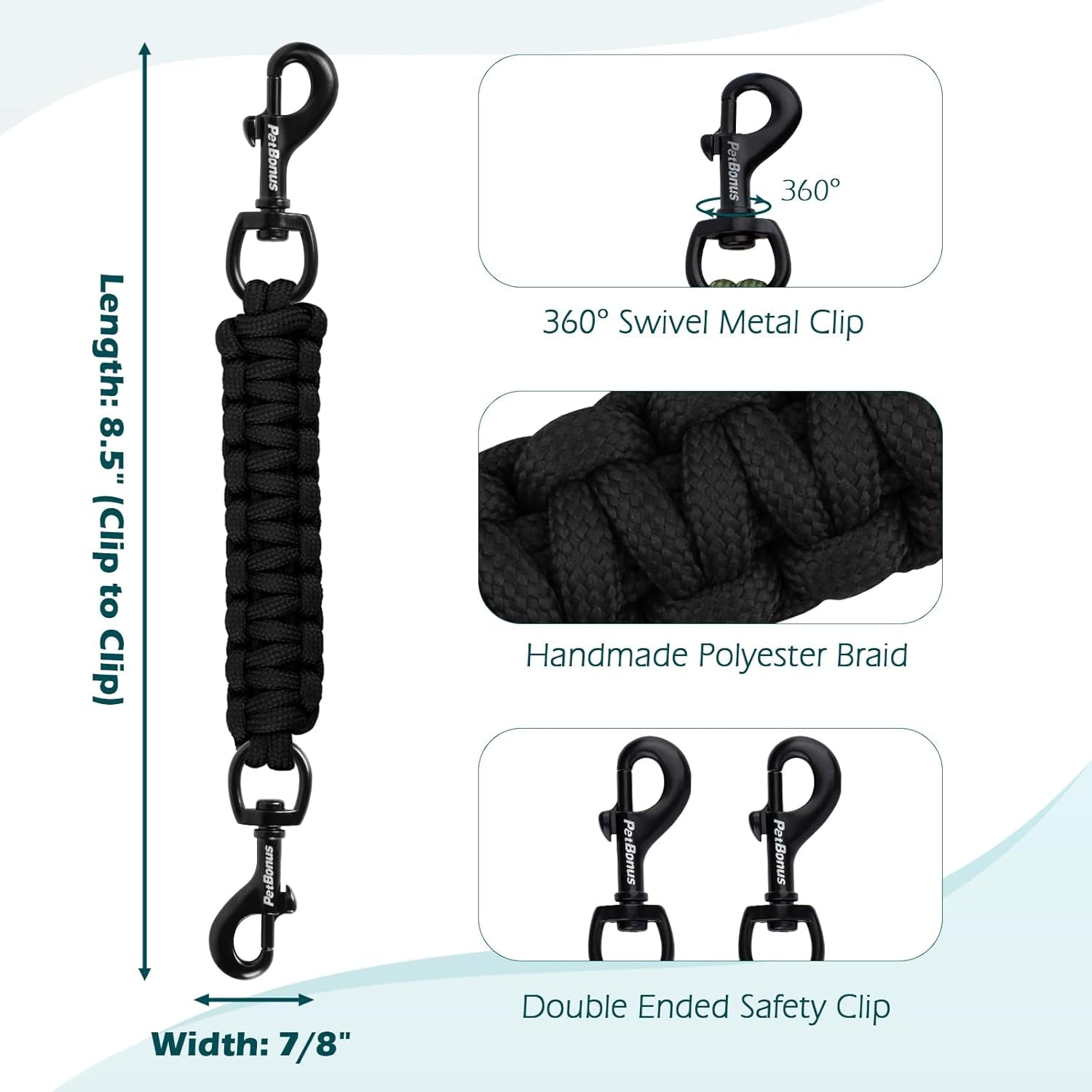 petbonus-dog-collar-safety-clip-handmade-prong-collar-to-harness-connector-dog-leash-backup-safety-strap-escape-proof-double-ended-clasp-lead-connector-for-pinch-collar-harness-black
