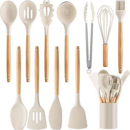 Silicone Cooking Utensil Set,12 PCS Cooking Cookware Kitchen Utensils Set for Cooking, Nonstick 446°F Heat-Resistant Cookware Kitchen Tools of Spoon,Brush,Whisk,Spatula,Turner Tongs (Khaki)1