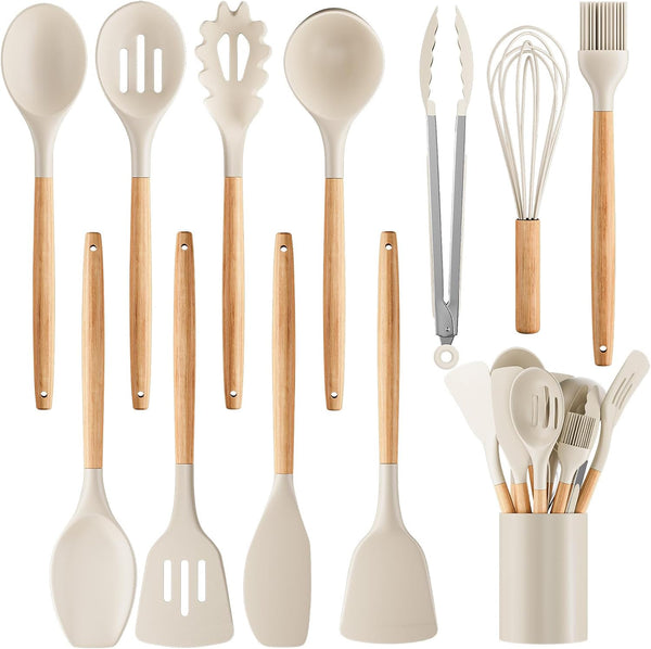 Silicone Cooking Utensil Set,12 PCS Cooking Cookware Kitchen Utensils Set for Cooking, Nonstick 446°F Heat-Resistant Cookware Kitchen Tools of Spoon,Brush,Whisk,Spatula,Turner Tongs (Khaki)1