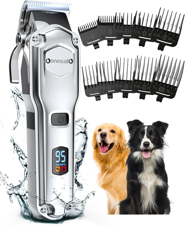 Oneisall Dog Clippers for Grooming Thick Heavy Coats | Low Noise,Rechargeable Cordless,Detachable Stainless Steel Blade,Ipx7 Waterproof,10 Guide Combs,For Thick/Double/Curly Hair1