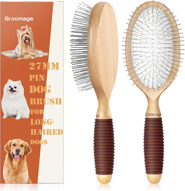 Dog Brush for Long Haired Dogs, 27Mm Extra Long Pin Brush for Grooming, Shedding - Beech Wood Material, Non-Slip Rubber Handle, Round-Tipped Pins1