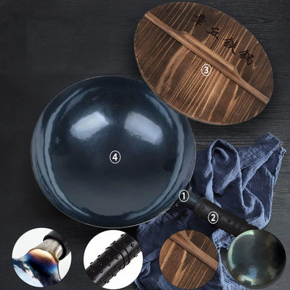 14-Inch Carbon Steel Wok, round Bottom Traditional Chinese Wok with Rubber Handle and Wooden Lid, Uncoated Non-Stick Wok for Gas Stoves, Home Cooking, Camping, and as a Gift2