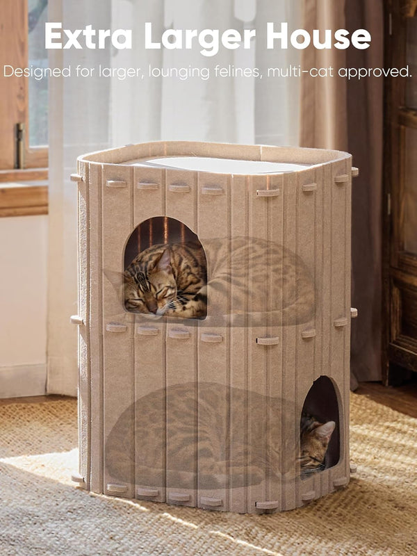 FUKUMARU Cat House for Indoor Cats, Warm Felt Cat Bed, Scratch Resistant | Large Cat Bed Cave, 3-In-1 Cat Condo, Cozy Felt Covered Cats Tunnel, 23.62 Inch Kitten Hideaway for Multicats, Beige4