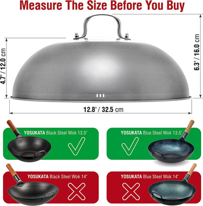 Premium Stainless Steel Wok Lid 12.8 Inch for 13.5 in Wok | Dishwasher-Safe Lid with Tempered Glass - Steam Holes -Ergonomic Handle, Cheese Melting Dome for Griddle, Grill Basting Cover3