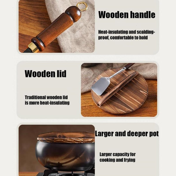 Iron Pot, 7.87-11.81 Inch Uncoated Iron Pan with Lid, No Chemical Coated Flat Bottom Japanese Pans, Woks & Stir-Fry Pans Set for Induction, Electric, Gas (Wooden Lid, 7.87In)5