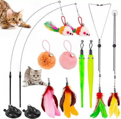 Cat Toys, 2 Pack 3 in 1 Interactive Cat Toy for Indoor Cats with Sticky Super Suction Cup Detachable 10 Pcs Replacements Feathers Balls Mice 2 Wand Hanging Door Kitten Toys1