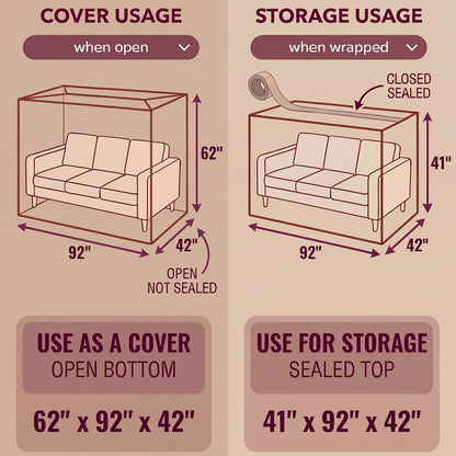 4Mil Couch Cover for Moving, Clear Sofa Storage Bag, 92Wx42Dx62/41H | with Tape Strips & Labels, Heavy Duty, Tear-Resistant, Waterproof, Reusable, Oversized/3-Seat Sofa, Long-Term Garage Storage2