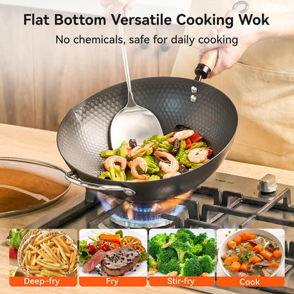 Carbon Steel Wok Pan, 12.6 Inch Flat Bottom Stir Fry Pan with Lid, Uncoated Heavy Duty Iron Wok for Induction and Gas Stoves6