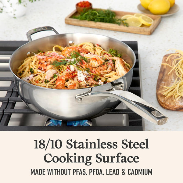 Calphalon Premier Polished 5-Ply Stainless Steel Cookware Set W/Turbo Heat Tech 4.5Qt Chef'S Pan with Lid, Induction, Oven Safe 500F, PFOA Free, Polished Stainless Silver5