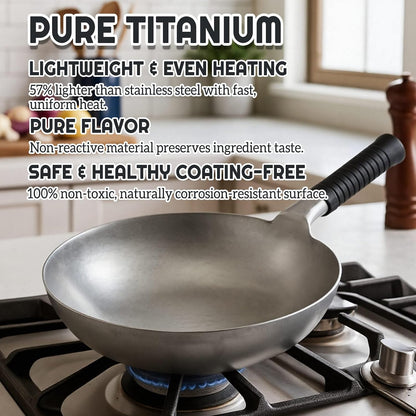 Pure Titanium Wok with Lid, Ultra Lightweight 2.5 Lbs Titanium Wok Single-Piece Molded No Coating Rivetless Handcrafted Frying Pan Durable Cookware for Gas Stove Home & Outdoor Camping3
