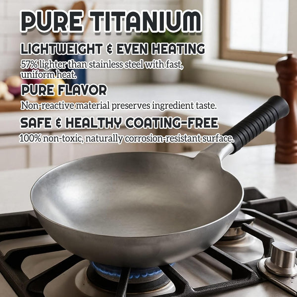 Pure Titanium Wok with Lid, Ultra Lightweight 2.5 Lbs Titanium Wok Single-Piece Molded No Coating Rivetless Handcrafted Frying Pan Durable Cookware for Gas Stove Home & Outdoor Camping3