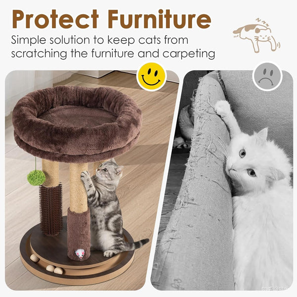 22 Inch Heavy-Duty Cat Scratching Post with Cozy Plush Bed, 3 Sisal Scratching Posts, Interactive Cat Scratcher with Grooming Brush, Hanging Pom-Pom, Track Balls & Mouse Toy for Indoor Cats3
