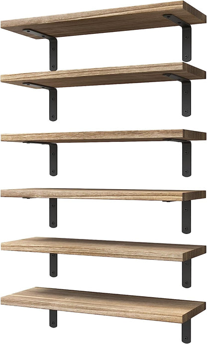 Floating Shelves Set of 6 for Wall Decor & Storage, Rustic Brown | Wood Farmhouse Book Shelves for Bedroom, Bathroom, Living Room, Kitchen, Office, Laundry Room, Study Room Display, 16.5''1