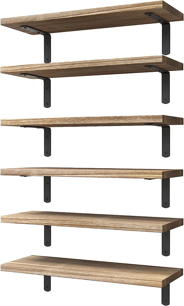 Floating Shelves Set of 6 for Wall Decor & Storage, Rustic Brown | Wood Farmhouse Book Shelves for Bedroom, Bathroom, Living Room, Kitchen, Office, Laundry Room, Study Room Display, 16.5''1
