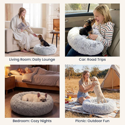 JOLLYVOGUE Small Dog Bed, Calming Dog Beds for Small Dogs & Indoor Cats - 20 Inches Donut Washable Cat Bed for Kittens & Puppies, round Fluffy Plush Faux Fur Pet Beds(Smoke Grey)6