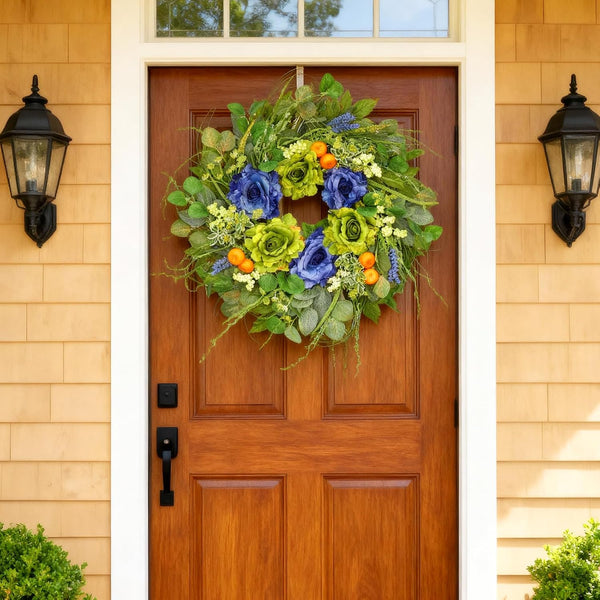 Spring Wreaths for Front Door 24 Inch Artificial Rose Wreath with Rose & Eucalyptus Leaf Orange Berry Accents,Summer Wreath for Home Wall Porch Window Easter Year-Round Indoor/Outdoor Decor7