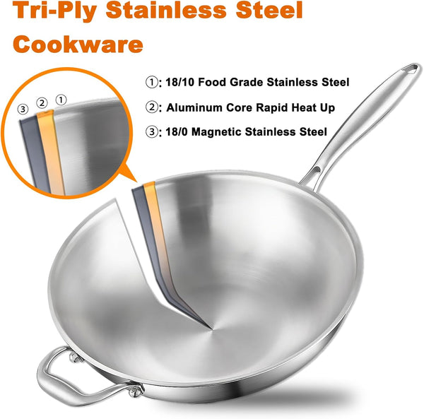Woks & Stir-Fry Pans, 13 in Stainless Steel Pan with Lid, with Side Ear, Large Cooking Surface, Tri-Ply Stainless Steel Wok Pan, 3 Layer Stainless Steel Saute Pan, Works on Induction, 600℉2