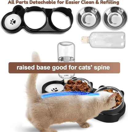 Cat Food and Water Bowl Set, Stainless Steel Raised Cat Bowls with Automatic Water Bottle & Waterproof Mat for Cats/Puppies, 3 in 1 Pet Feeding Station for Wet/Dry Food, Black3