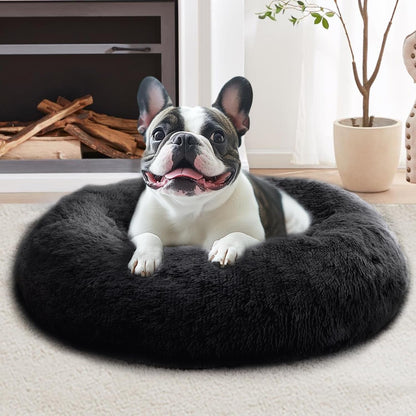 JOLLYVOGUE Small Dog Bed, Calming Dog Beds for Small Dogs & Indoor Cats - 20 Inches Donut Washable Cat Bed for Kittens & Puppies, round Fluffy Plush Faux Fur Pet Beds(Smoke Grey)28