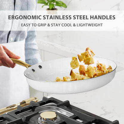 Ceramic Cookware Set 16 Pcs Pots and Pans Set Non Stick | Cookware Sets with Cooking Utensils Set, Non Toxic Cookware Set White Gold Pan Set for Cooking Pot Oven & Dishwasher Safe5