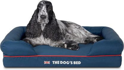 The Dog’S Bed Orthopedic Memory Foam Dog Bed with Bolsters for Large Dogs, High Density Support Mattress, Low Front Entry, Removable Washable Cover, Oxford Fabric, Blue with Dark Red Trim, Large38