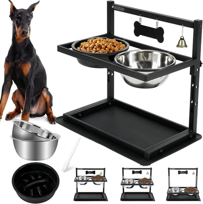 Elevated Dog Bowls with Slow Feeder for Large Dogs – Adjustable Raised Stand with 2 Stainless Steel Bowls & Spill-Proof Mat, Non-Slip Dog Feeder for Large & Medium Dogs (Black)1
